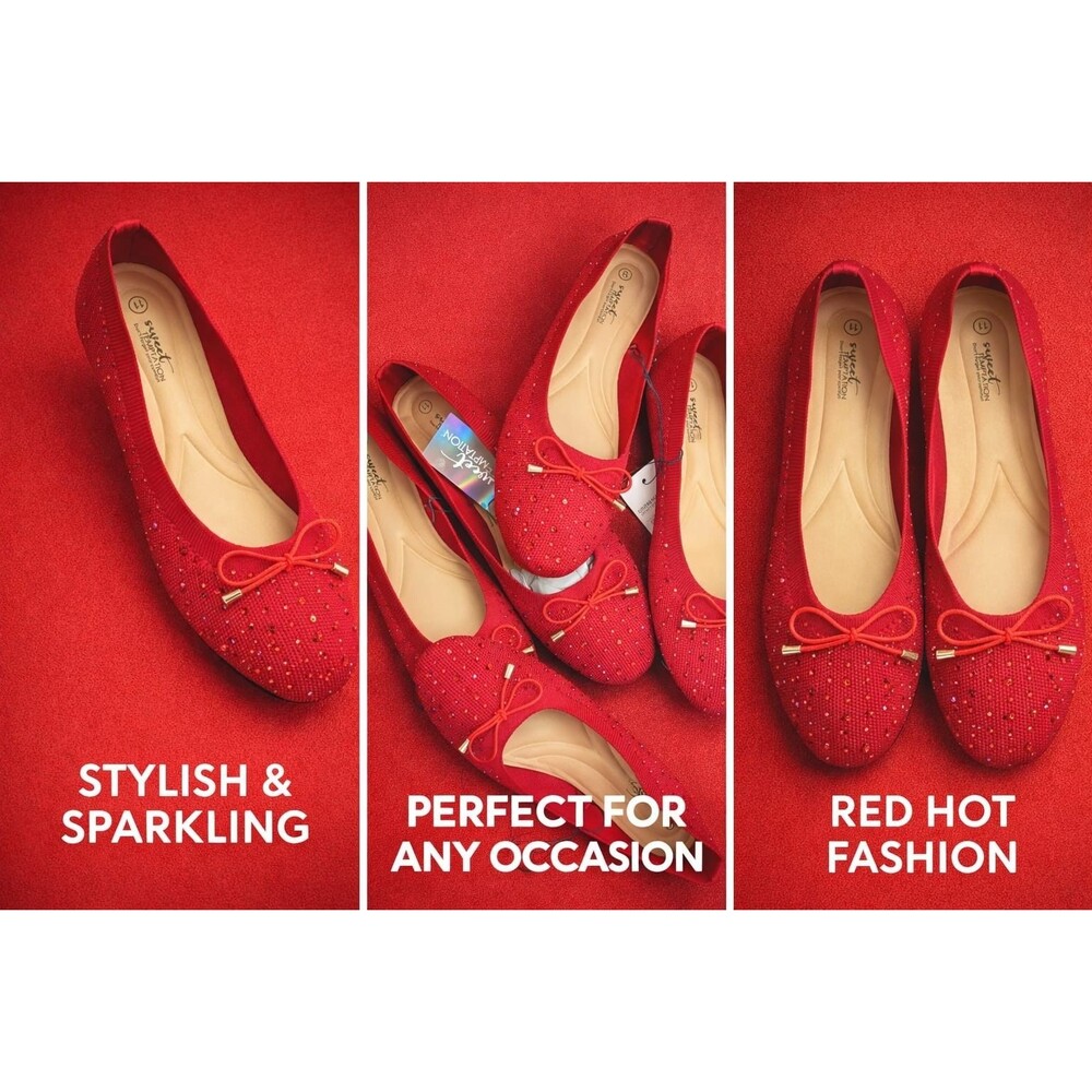 Sweet Temptation Red Rhinestone Ballet Flats Womens Slip On Bow Shoes NWT